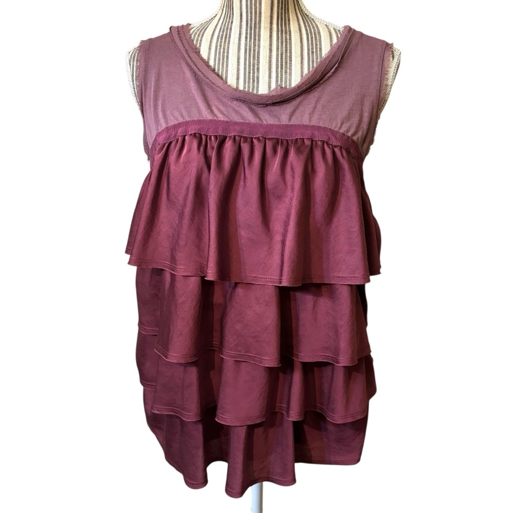 Sale! LOFT Top L Mauve Plum Layered Satin Ruffle Frayed Trim Sleeveless Y2K Boho